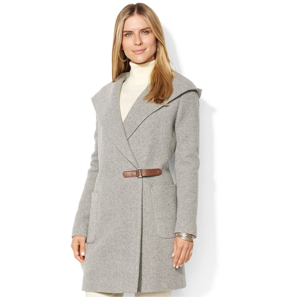 Ralph Lauren Hooded Herringbone Wool Cashmere Blend Wrap Coat Sz 16 $395